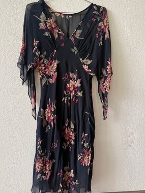 Floral V-Neck Black Midi Dress with Pink Botanical Print